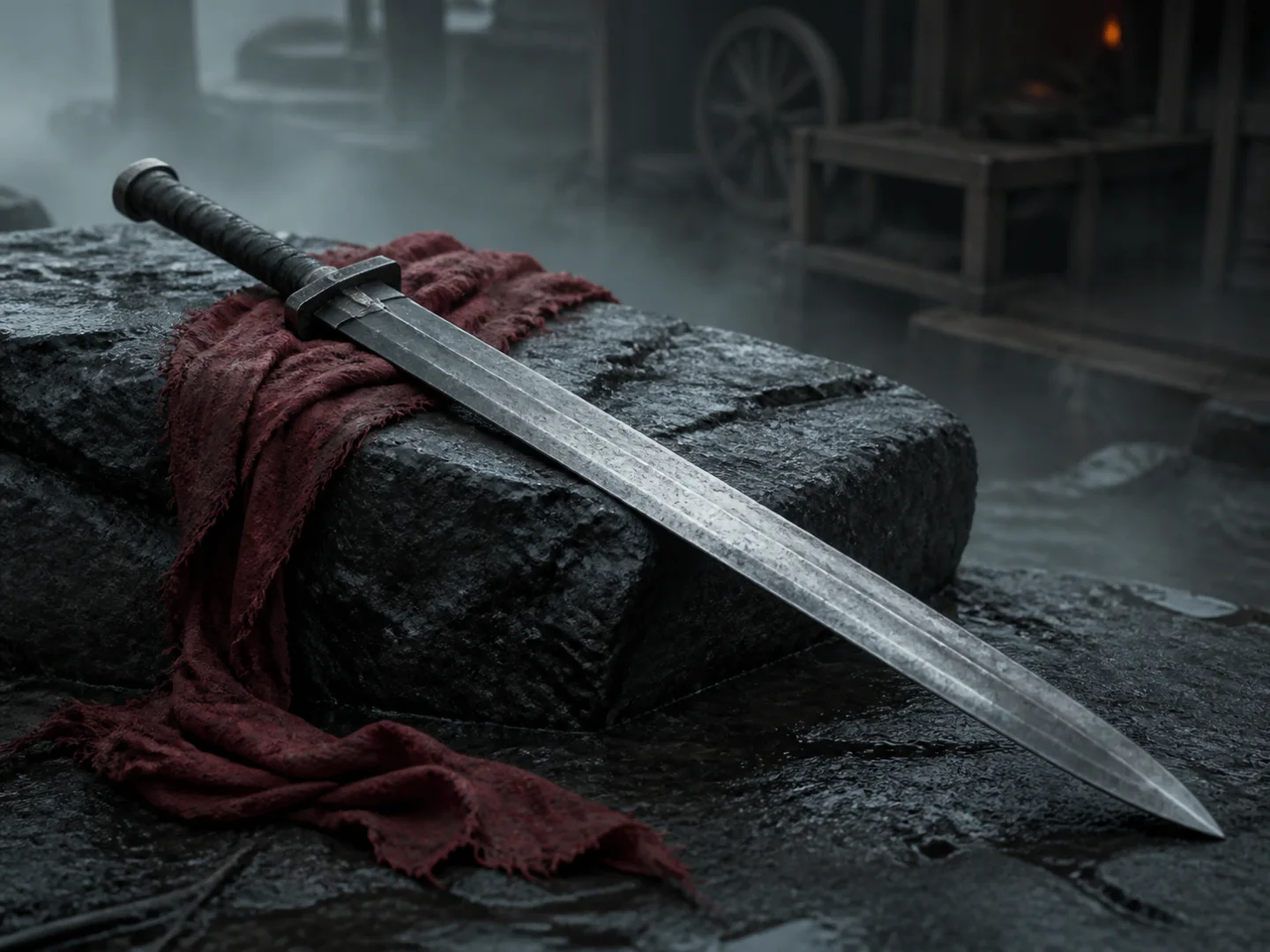 Original still life of a weathered sword and crimson cloth on wet stone