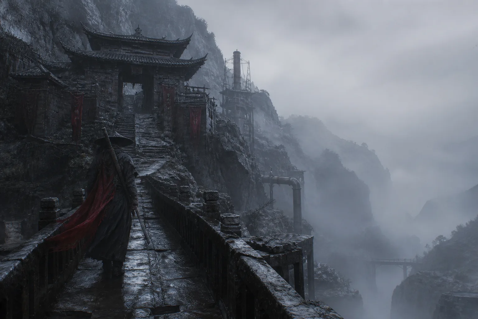 Original artwork of a lone traveler approaching a ruined mountain shrine in rain and fog